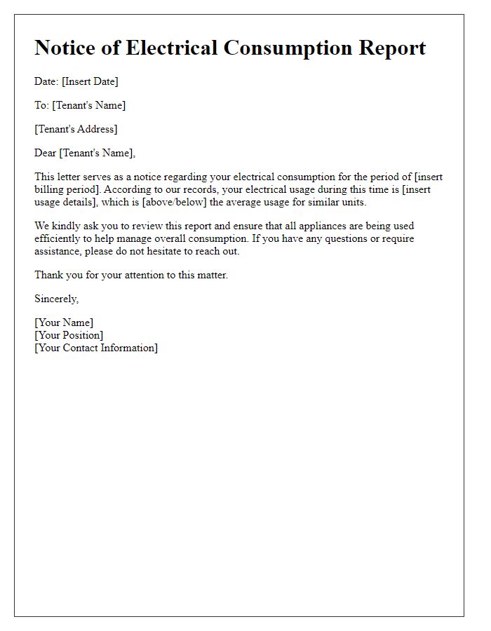 Letter template of notice for tenant electrical consumption report