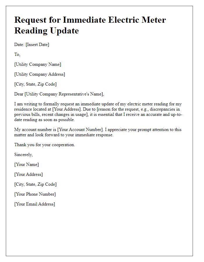 Letter template of request for immediate electric meter reading update