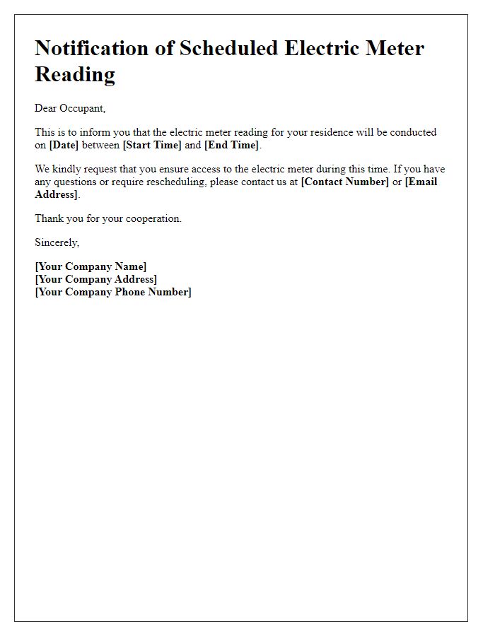 Letter template of scheduled electric meter reading notification for occupants