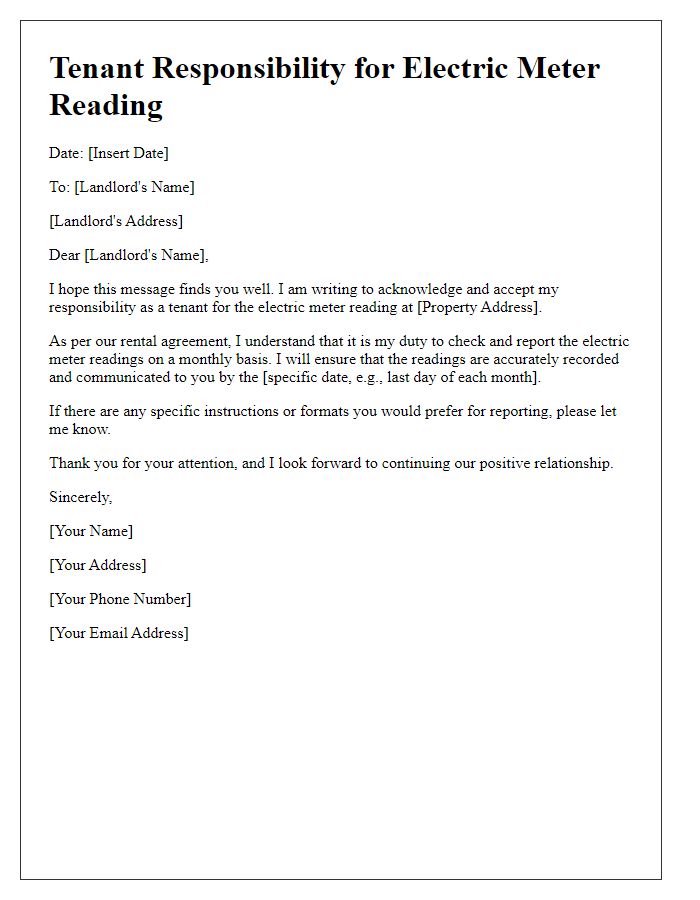 Letter template of tenant responsibility for electric meter reading