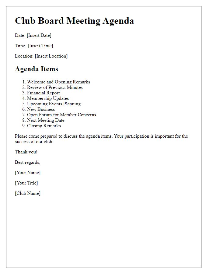 Letter template of club board meeting agenda distribution