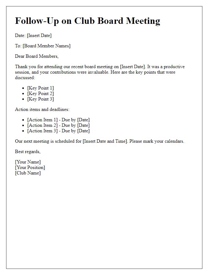 Letter template of club board meeting follow-up