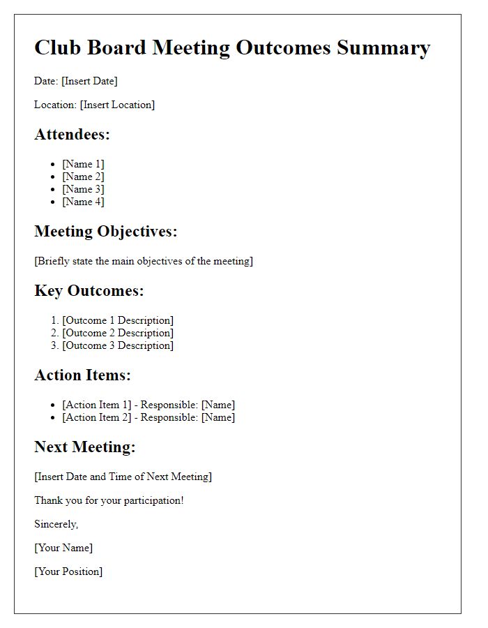 Letter template of club board meeting outcomes summary