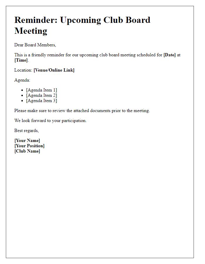 Letter template of club board meeting reminder