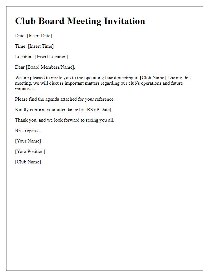 Letter template of club board meeting scheduling