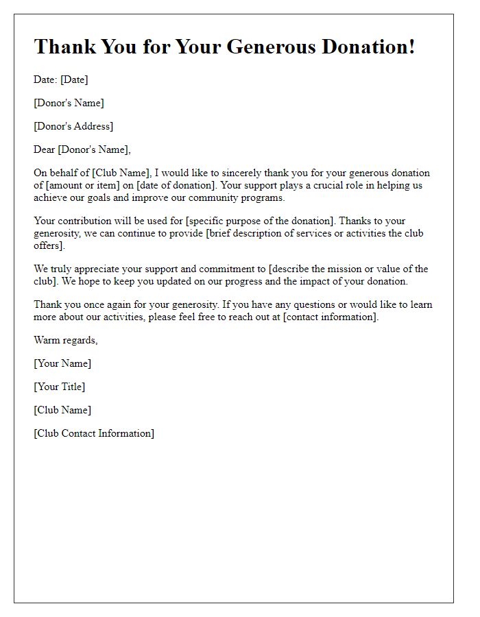 Letter template of acknowledgement for club donor assistance.