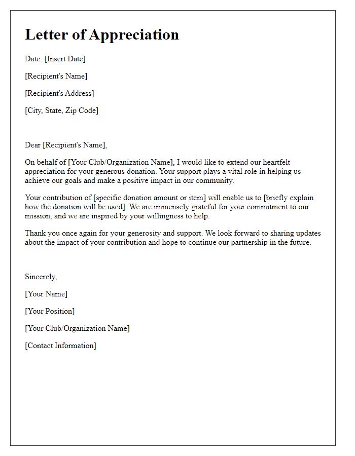 Letter template of appreciation for club donation recognition.