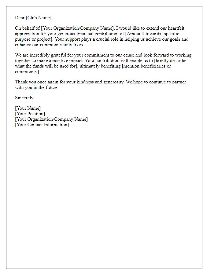 Letter template of appreciation for the club's financial contribution.