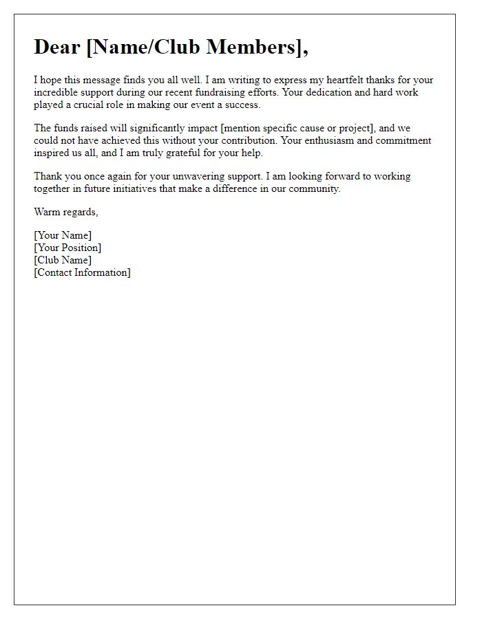 Letter template of heartfelt thanks for club fundraising help.