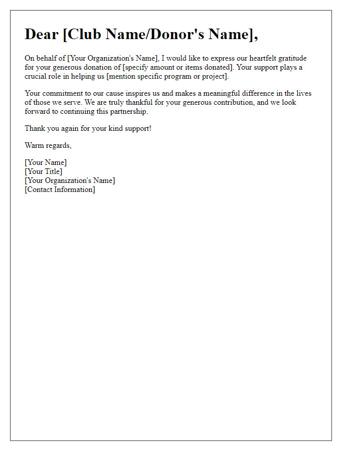 Letter template of thanks for the club's generous donation.