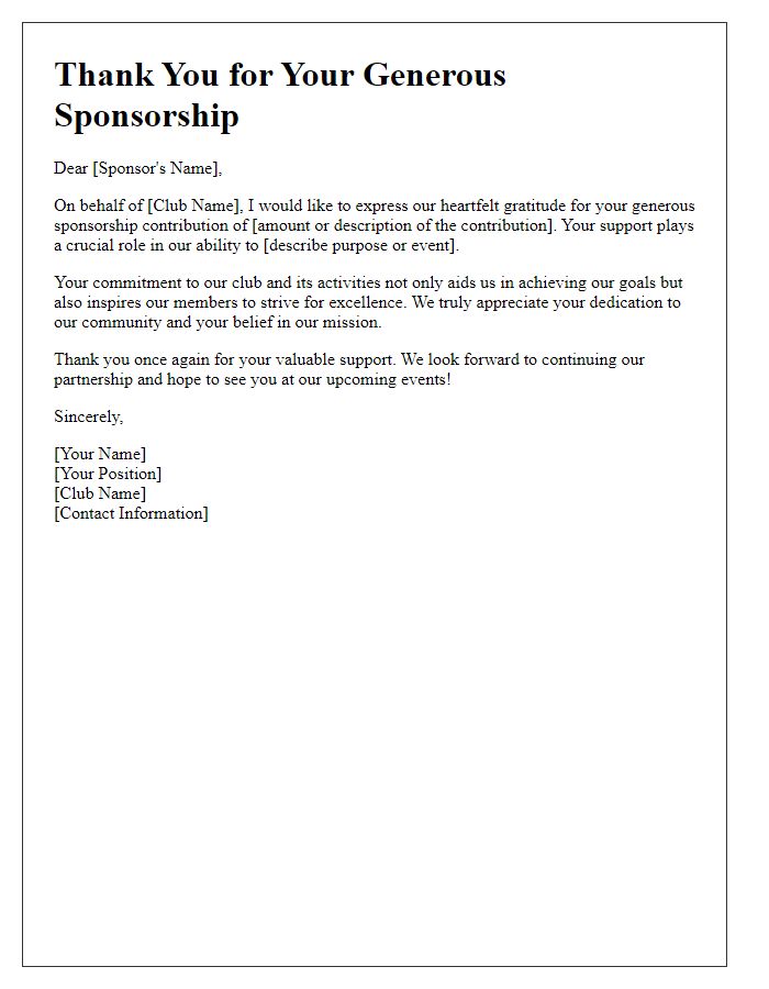 Letter template of thanks for club sponsorship contribution.