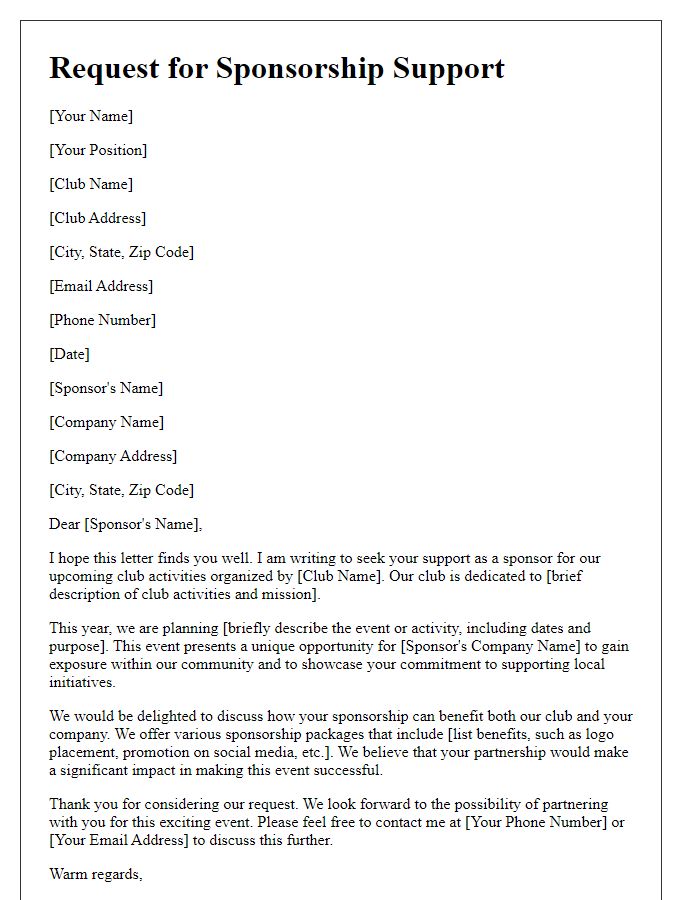 Letter template of appeal for sponsorship support for club activities