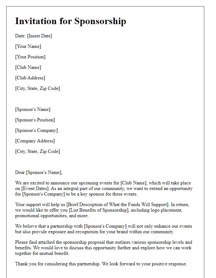 Letter template of invitation for sponsorship of upcoming club events