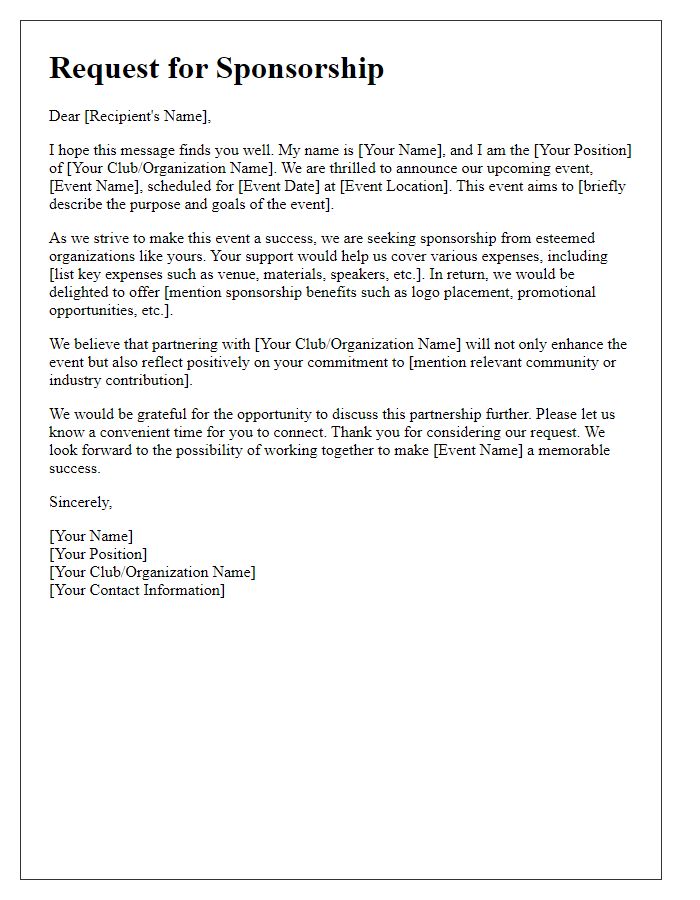 Letter template of outreach for financial support for club event sponsorship