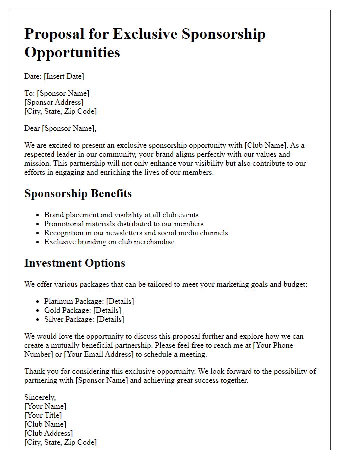 Letter template of proposal for exclusive sponsorship opportunities in our club