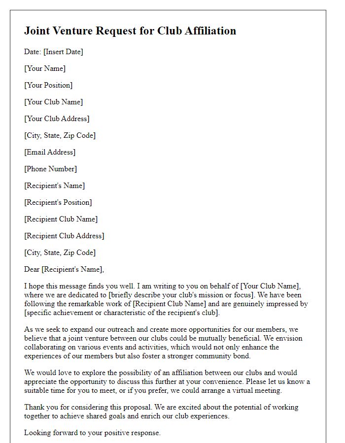 Letter template of joint venture request for club affiliation