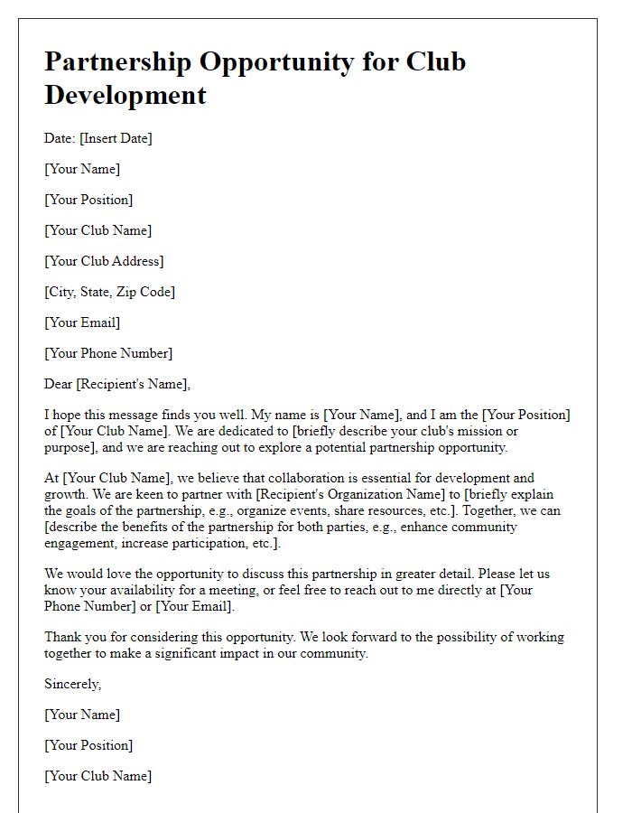 Letter template of partnership opportunity for club development