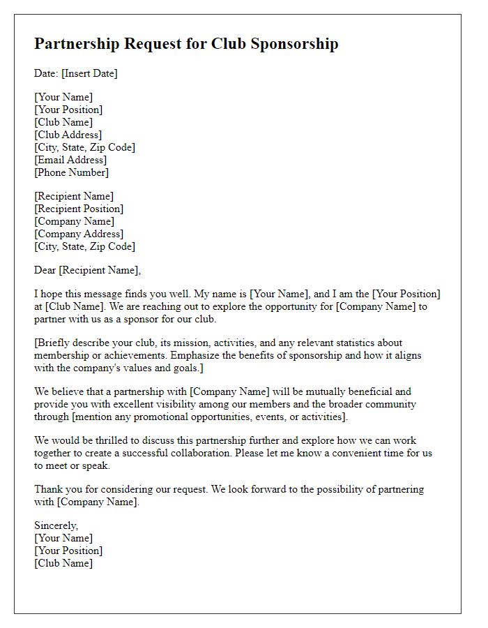 Letter template of partnership request for club sponsorship