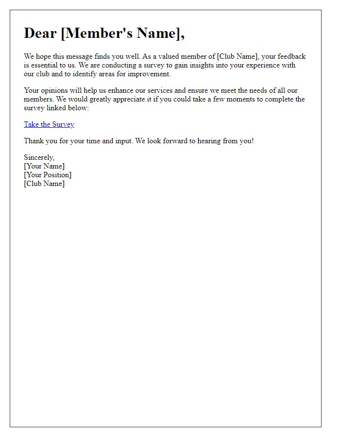 Letter template of club membership feedback survey invitation