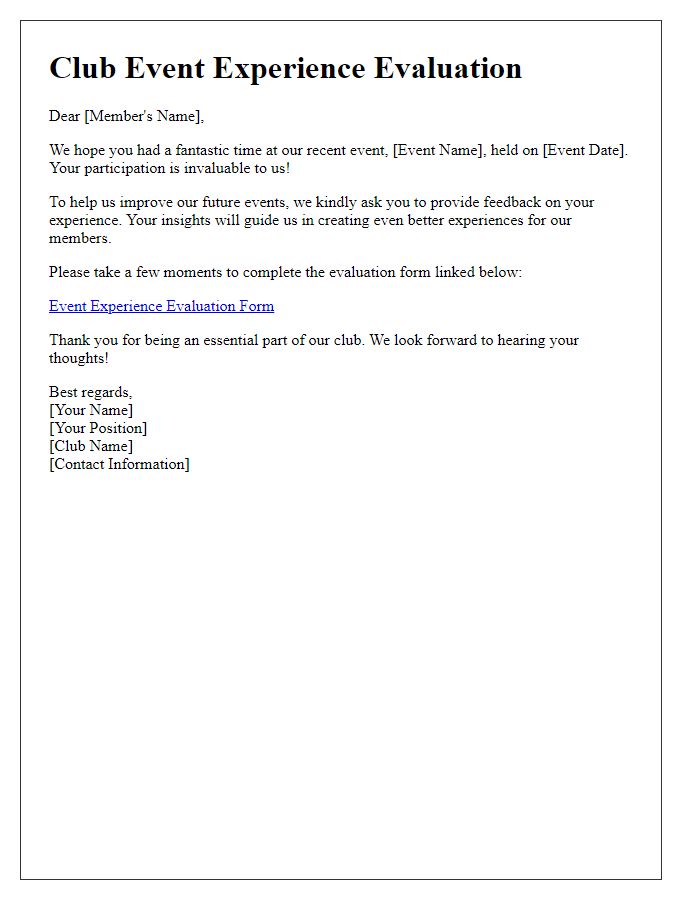Letter template of club event experience evaluation request