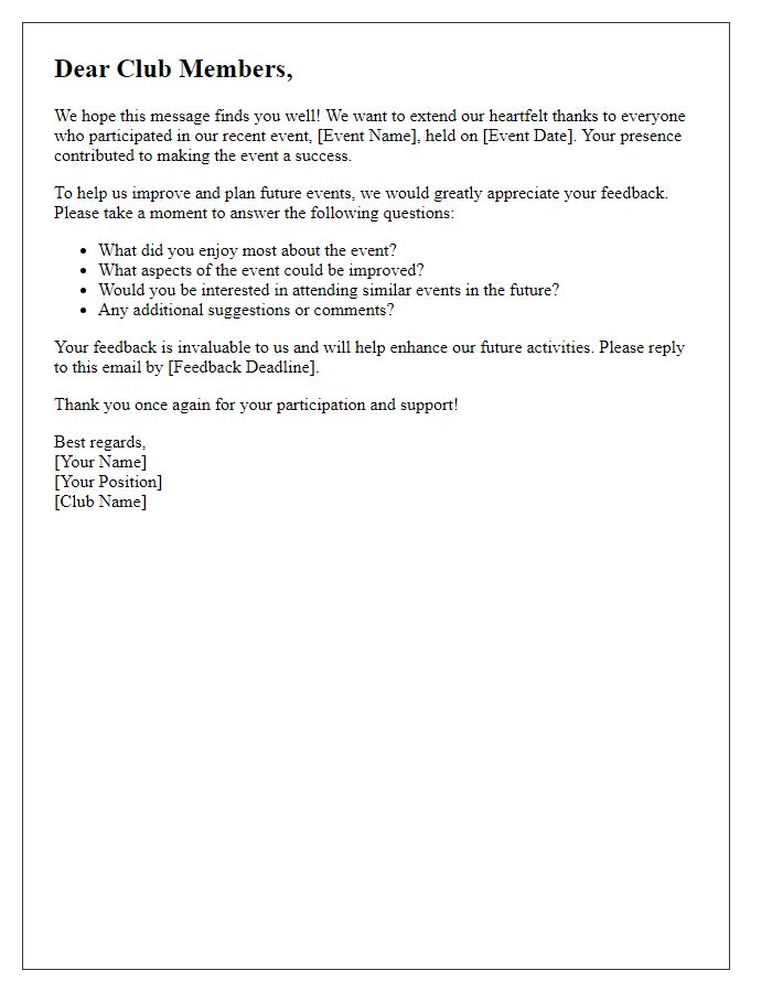 Letter template of event feedback request for club members