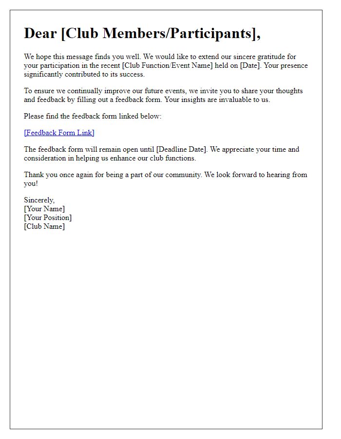 Letter template of feedback form distribution for recent club function