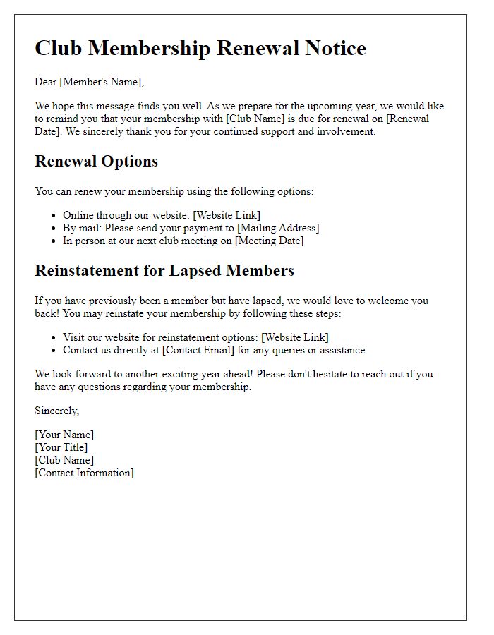 Letter template of club membership renewal and reinstatement options