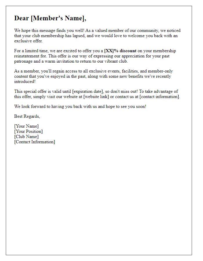 Letter template of exclusive offer for club membership reinstatement