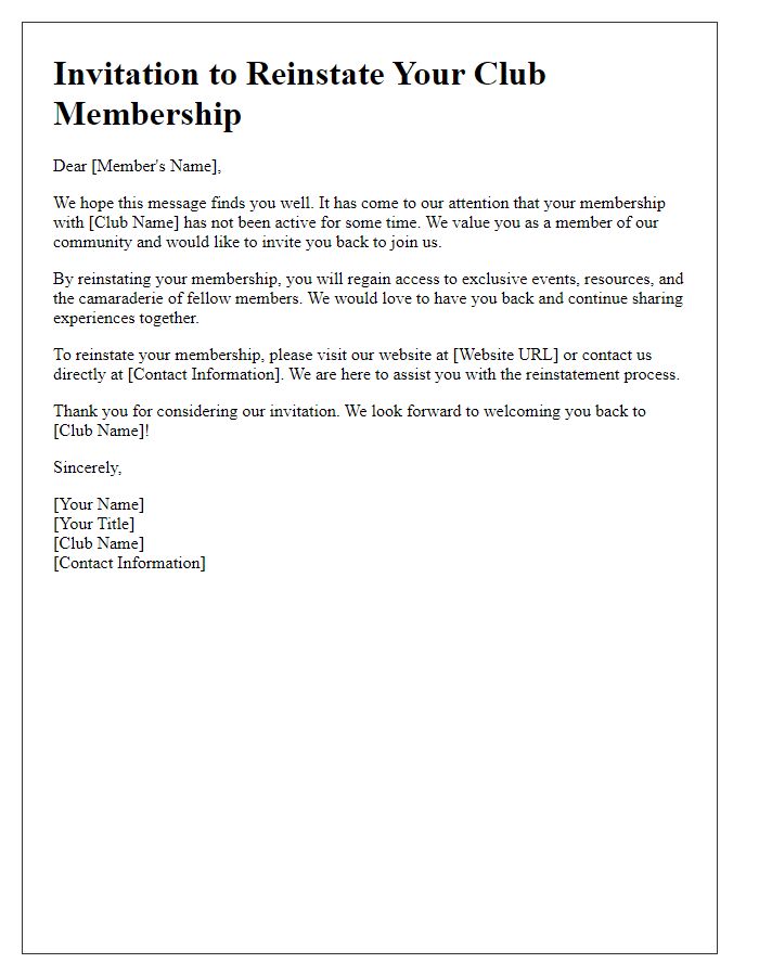 Letter template of invitation to reinstate your club membership