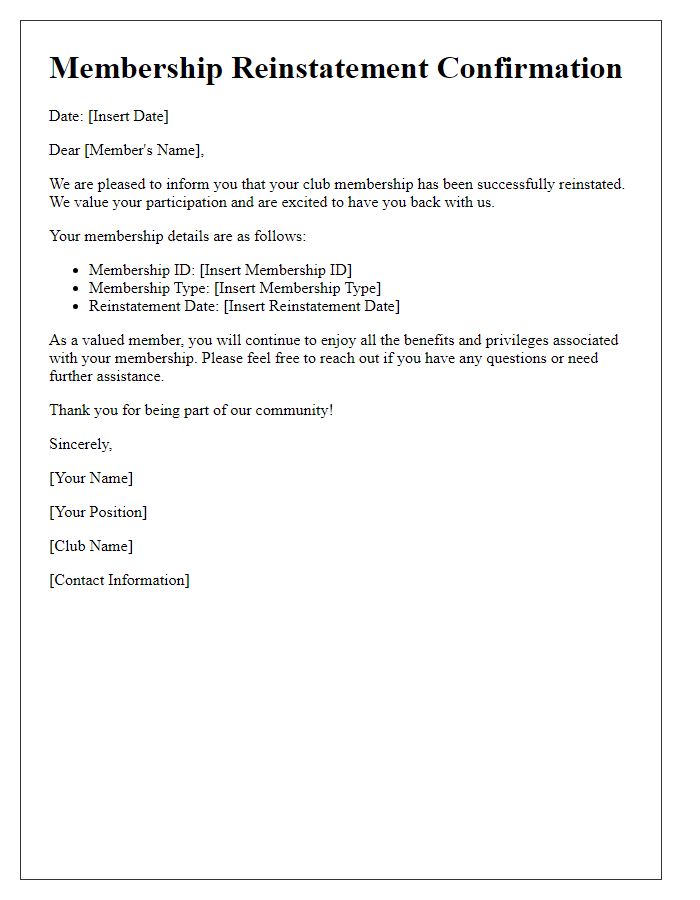 Letter template of reinstatement confirmation for your club membership