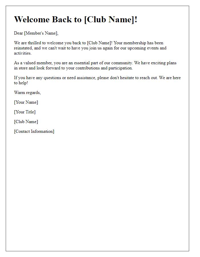 Letter template of welcoming back members for club membership reinstatement