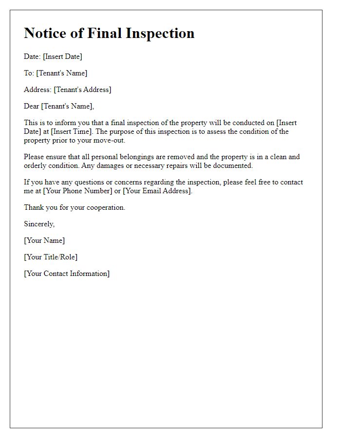 Letter template of notice for tenant final inspection