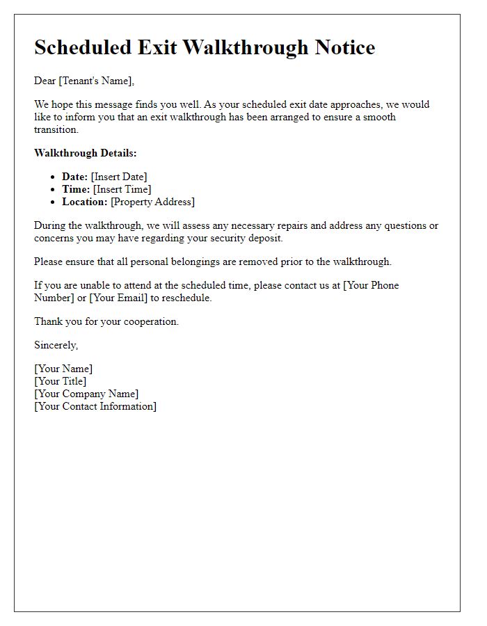Letter template of scheduled exit walkthrough for tenants