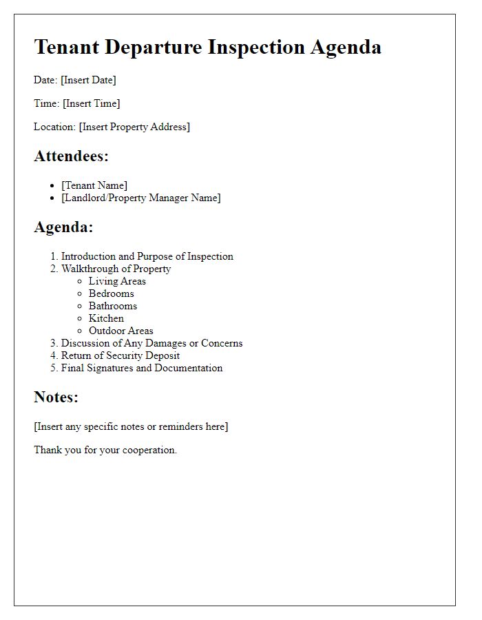 Letter template of tenant departure inspection agenda