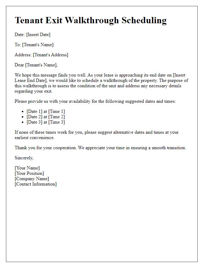 Letter template of tenant exit walkthrough scheduling