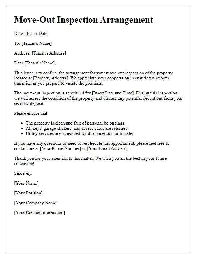 Letter template of tenant move-out inspection arrangement