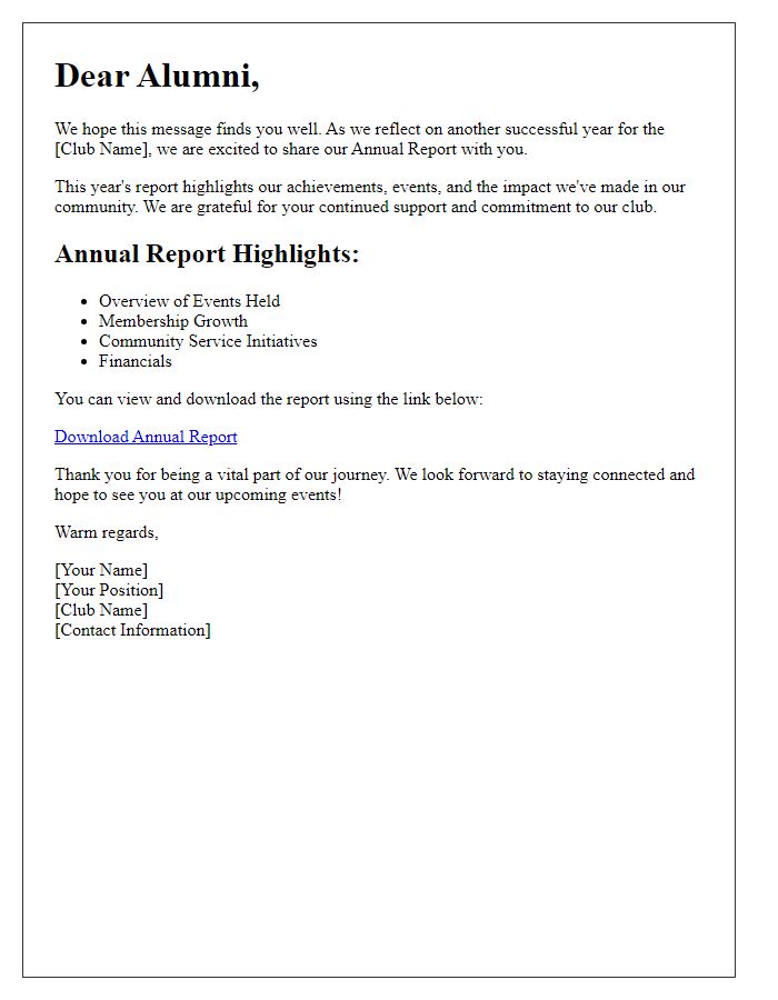 Letter template of club annual report distribution to alumni