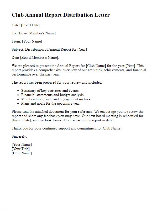 Letter template of club annual report distribution to the board