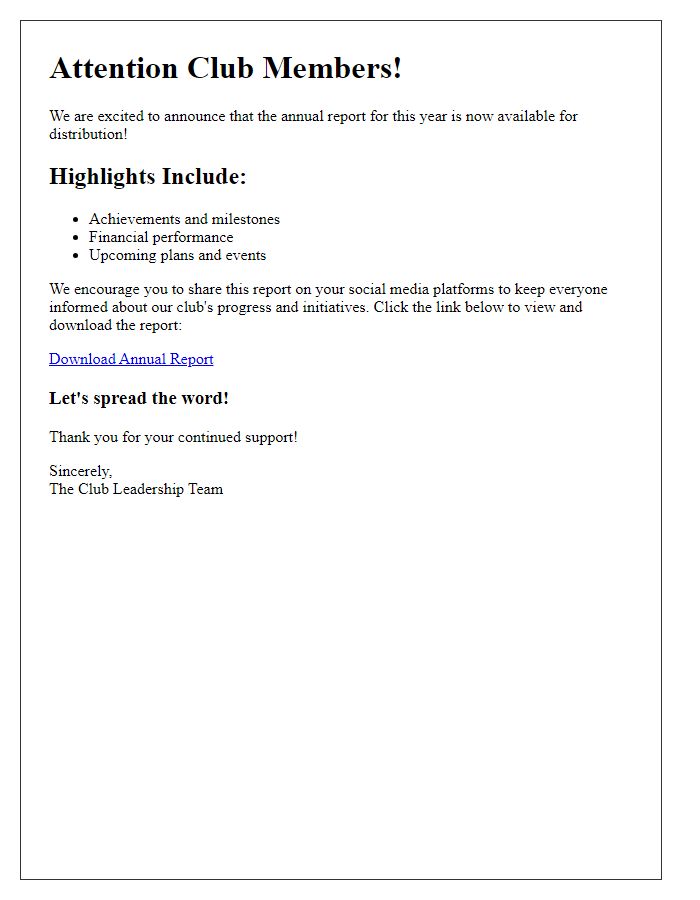 Letter template of club annual report distribution for social media sharing