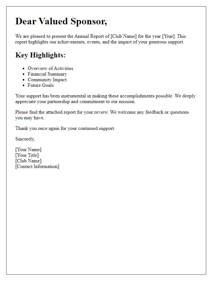 Letter template of club annual report distribution for sponsors