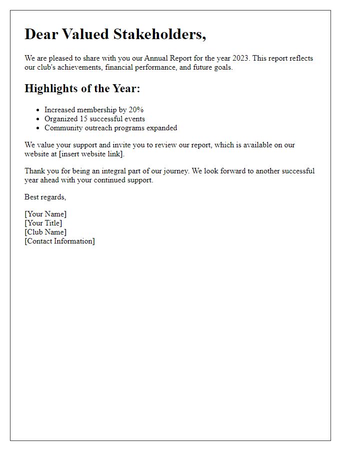 Letter template of club annual report distribution for stakeholders