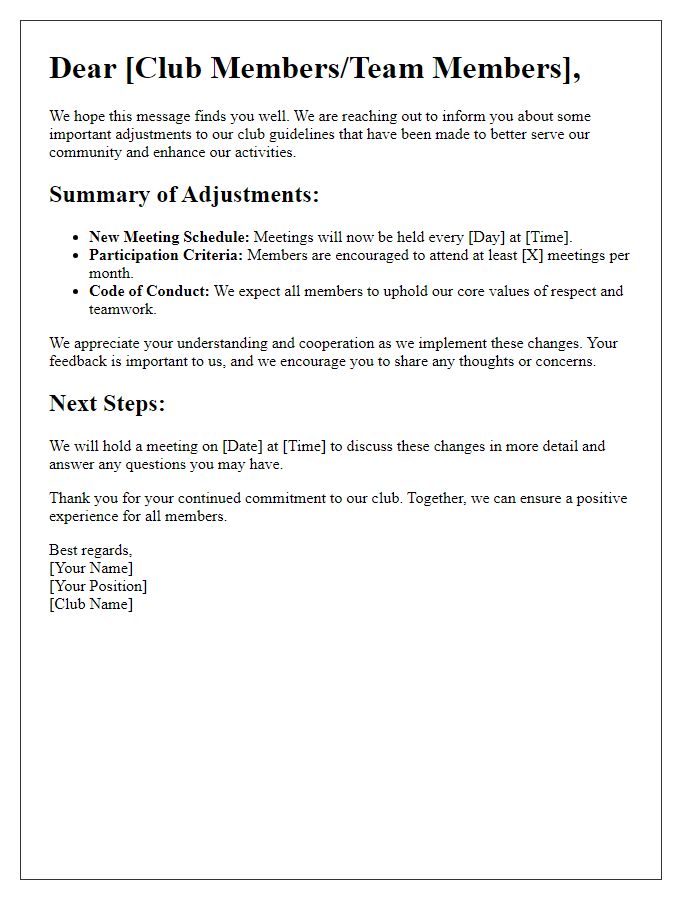 Letter template of club guidelines adjustment communication