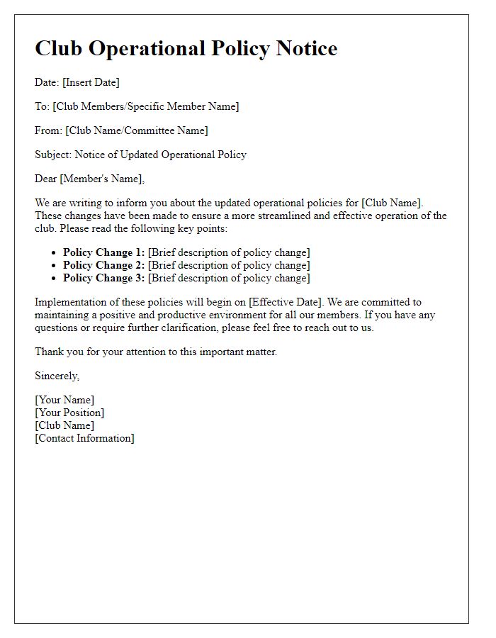 Letter template of club operational policy notice