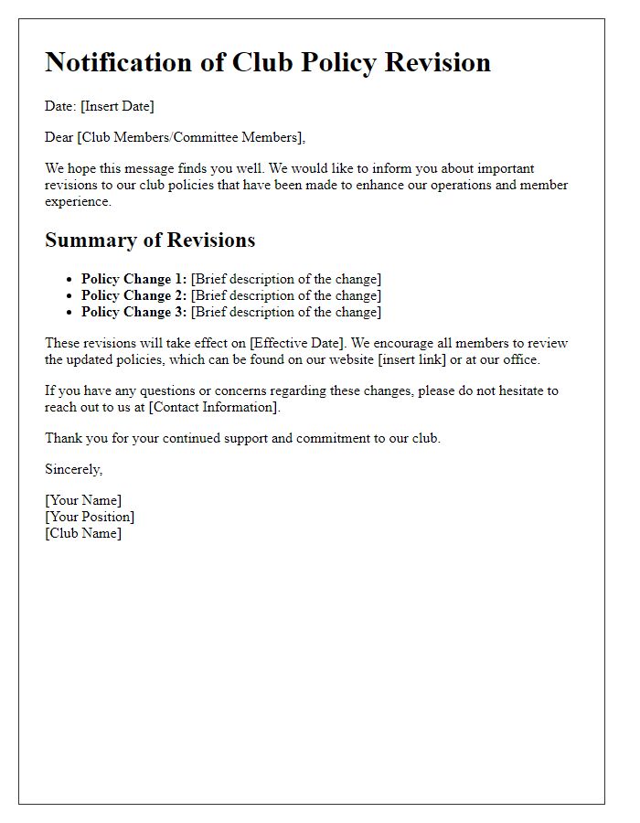 Letter template of club policy revision notification