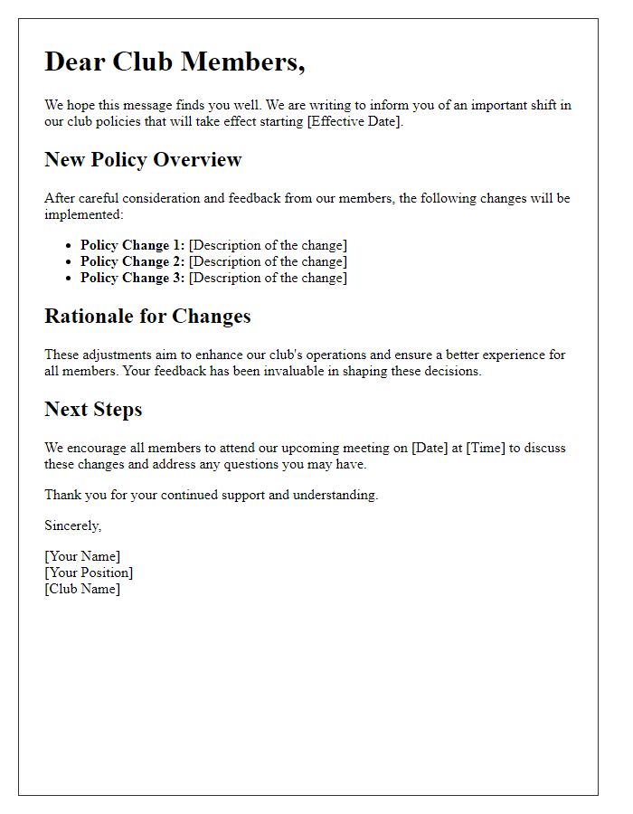 Letter template of club policy shift announcement