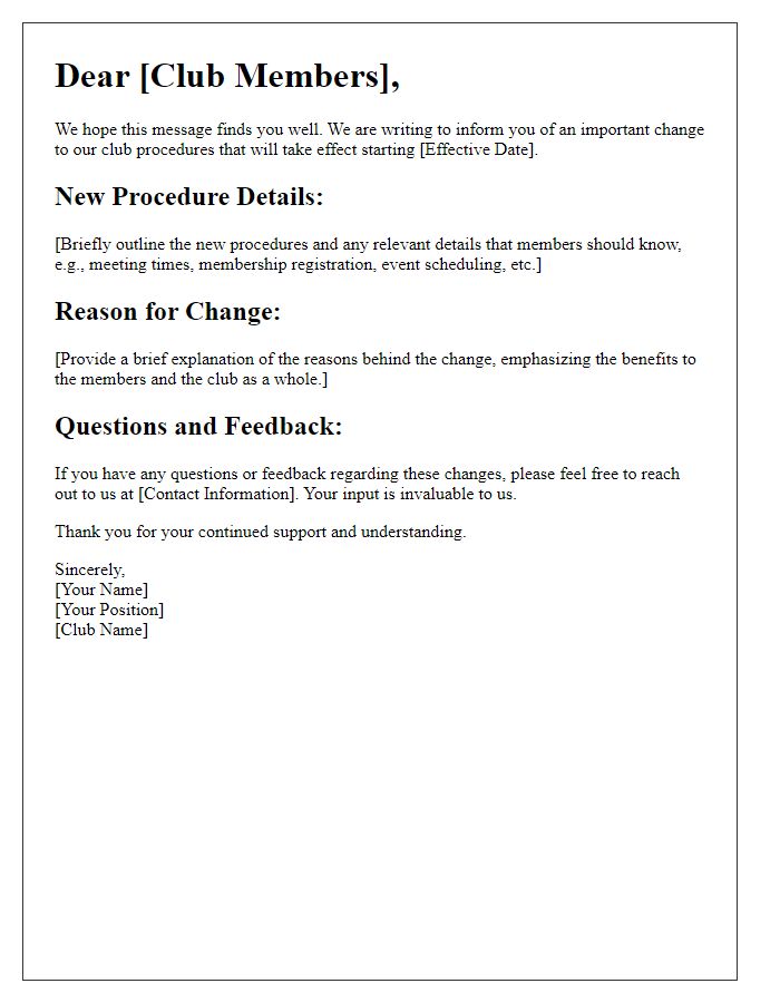 Letter template of club procedure change information