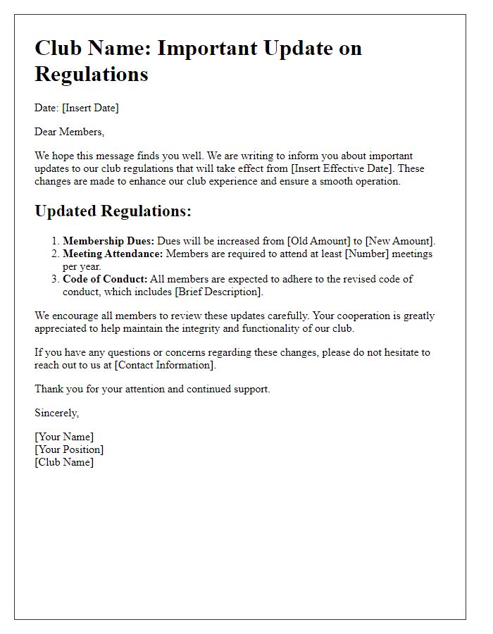 Letter template of club regulations update advisory