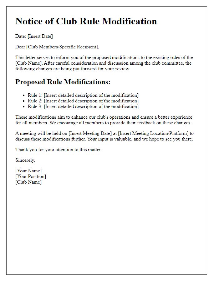 Letter template of club rule modification notice