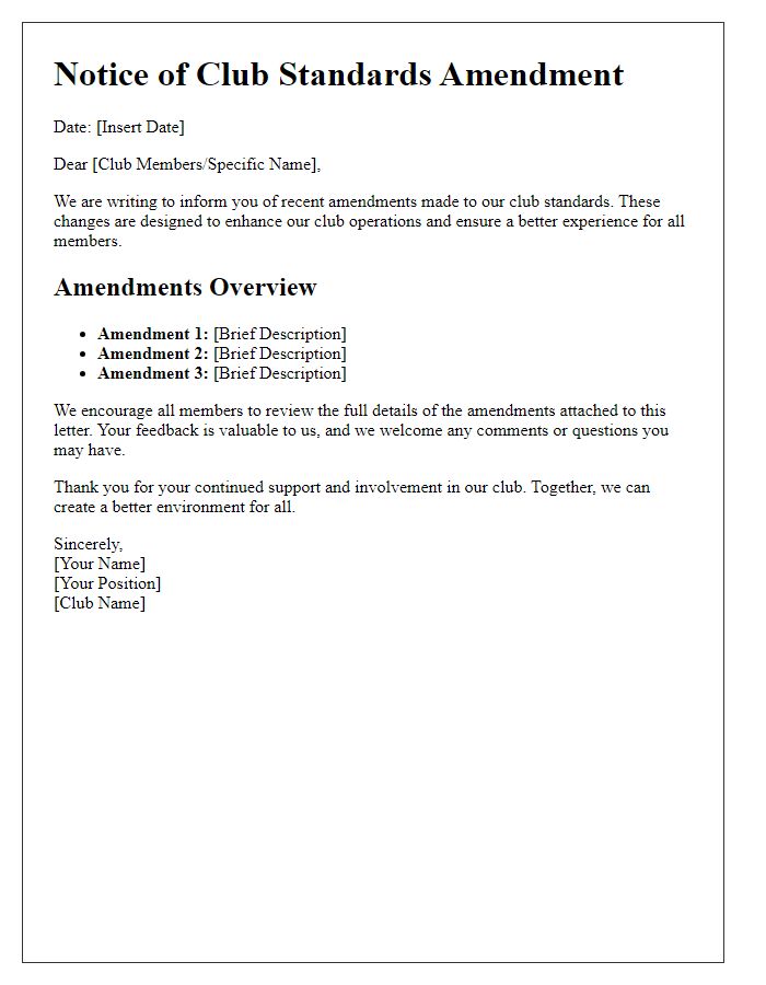 Letter template of club standards amendment alert