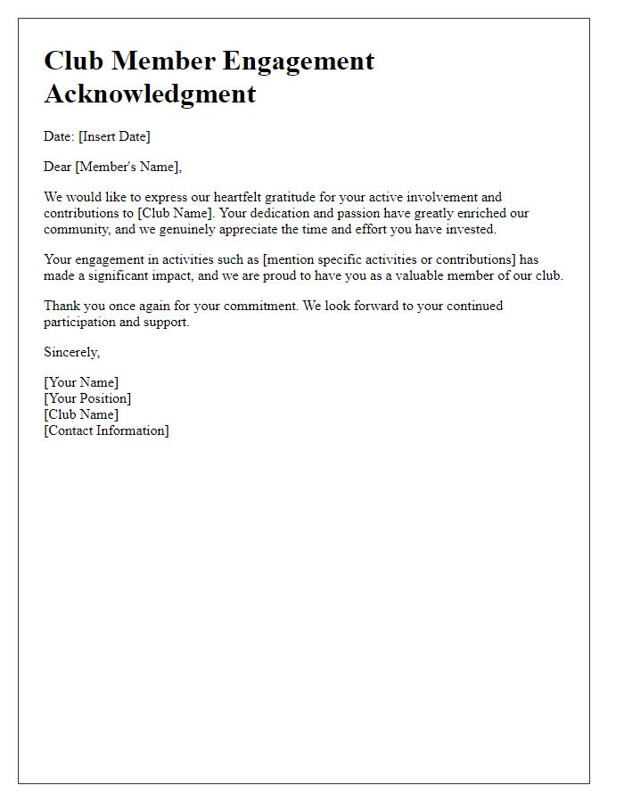 Letter template of acknowledgment for club member engagement